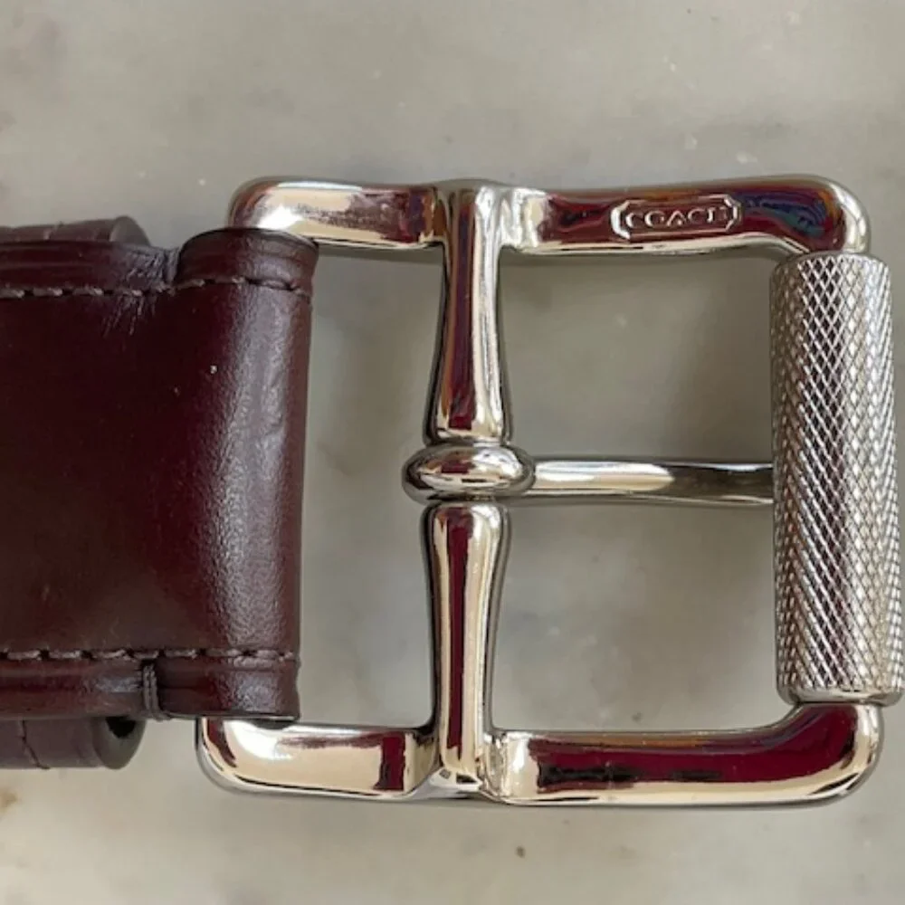 COACH Vintage Brown Leather Silver Tone Textured Buckle Men's Belt 38